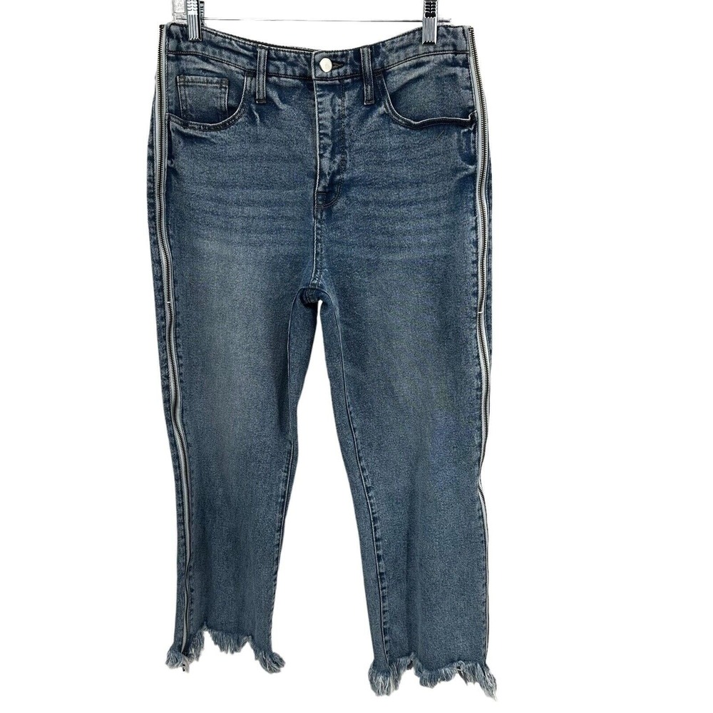 Fourteenth Place Women Size 10 High Rise Ankle Side Zip Frayed Hem Jeans Blue